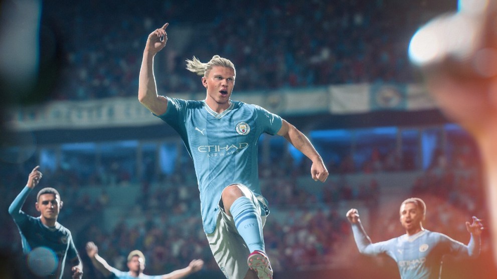 Erling Haaland celebrating a goal in EA FC 24.