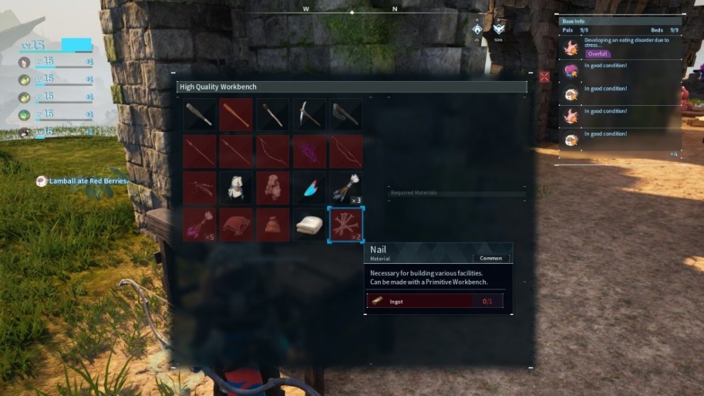 The crafting menu in Palworld.