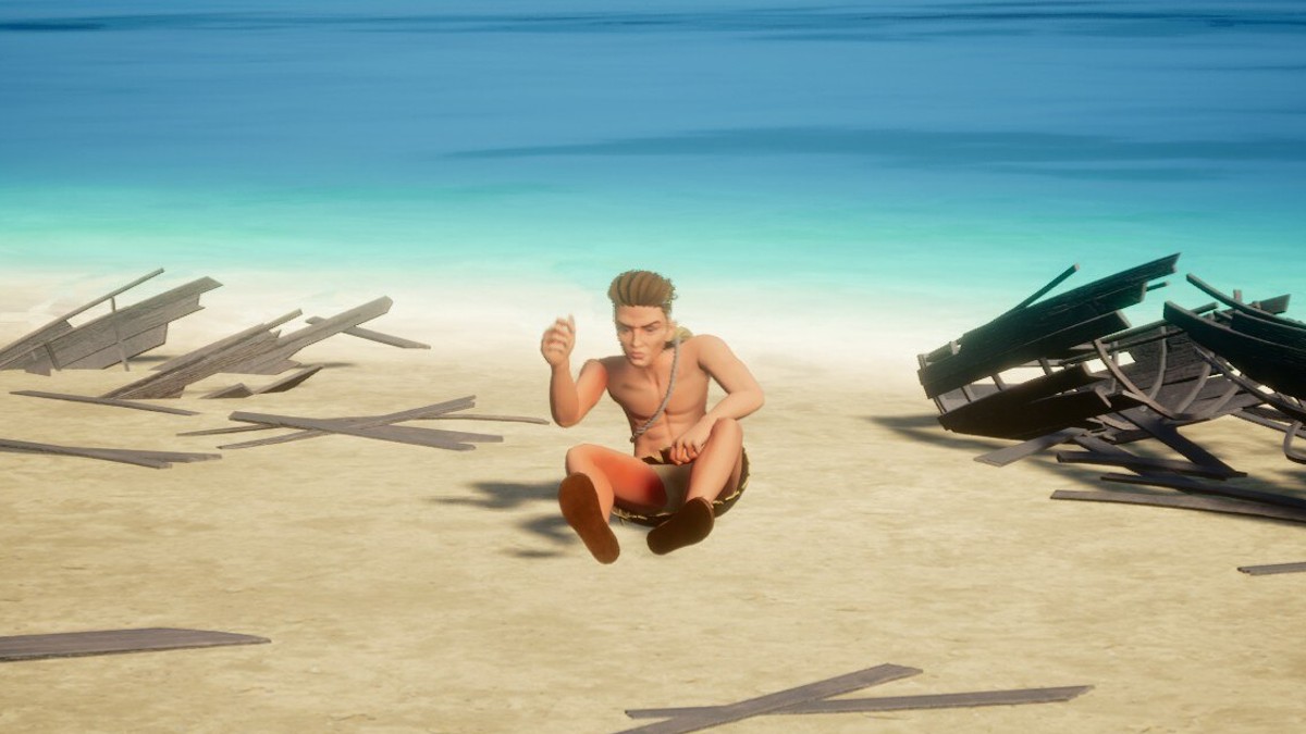 The player character washed up on a beach in Palworld.