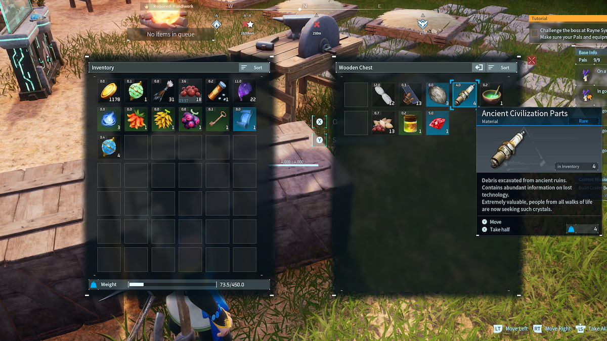 The inventory screen and ancient civilization parts in Palworld