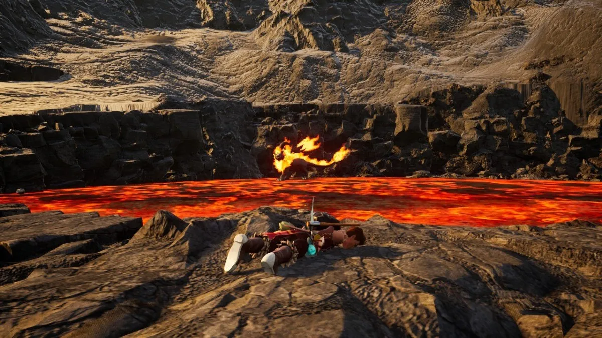Blazehowl above a pit of lava in Palworld.