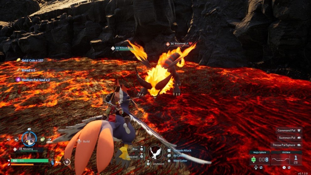 The player character approaching Blazehowl in Palworld.
