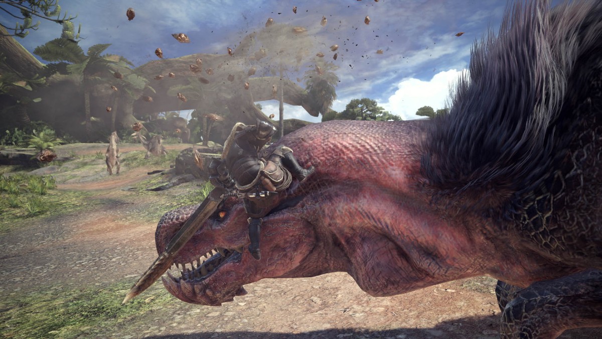 The player character fighting a dragon in Monster Hunter World.