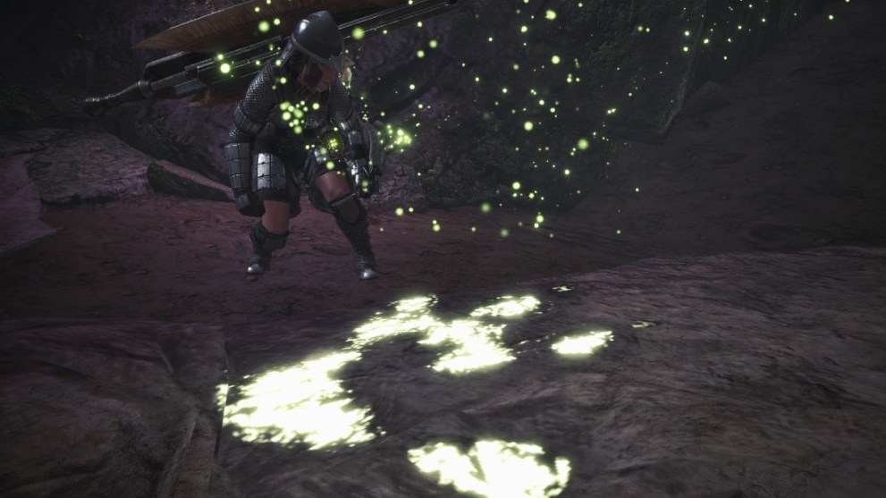 The player character looking at a glowing cave floor in Monster Hunter World.
