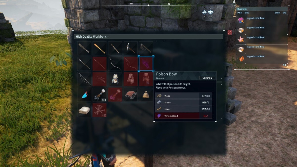 The Poison Bow recipe in Palworld.