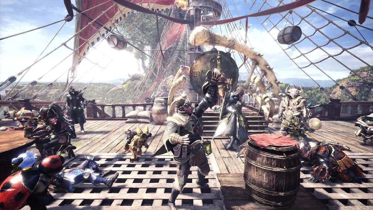A player character wearing a helmet in Monster Hunter World.