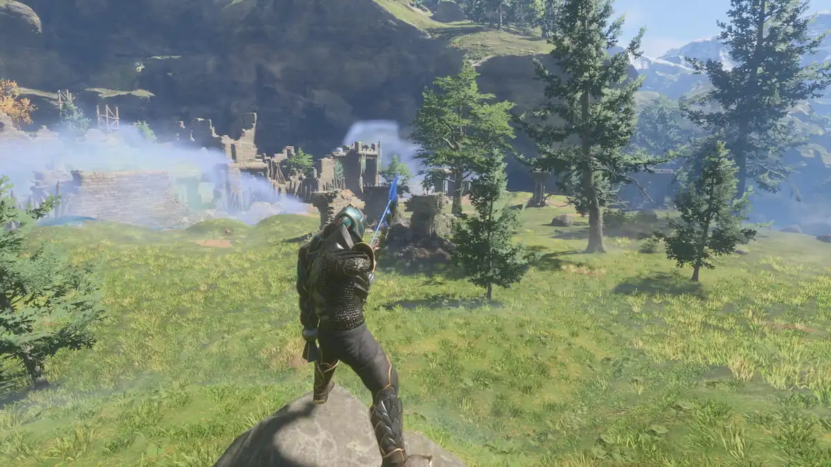 Solo player aiming a bow in Enshrouded