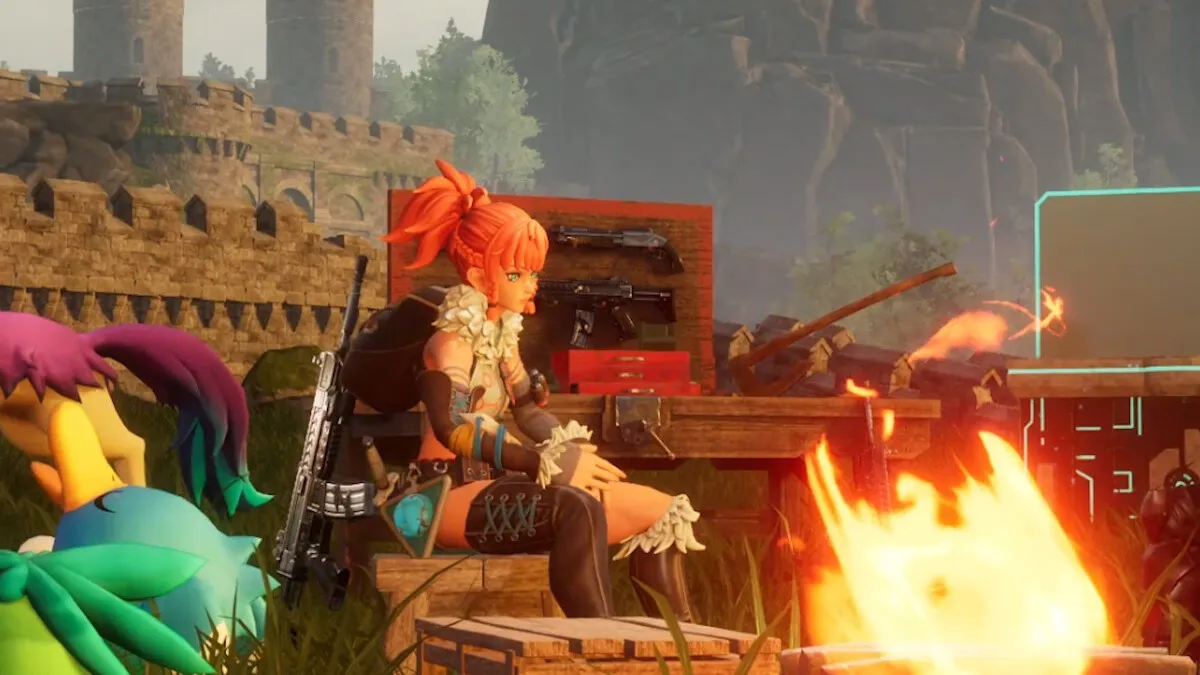 Players sat around a campfire in Palworld.