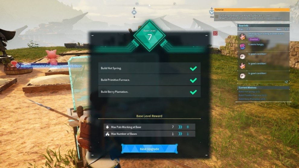 The base upgrade completed screen in Palworld.