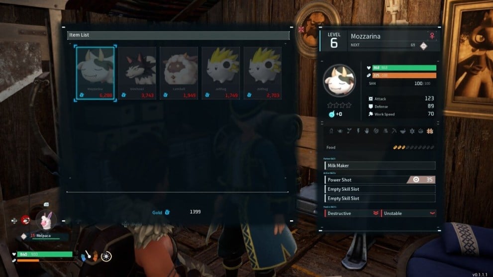 The buy and sell vendor menu in Palworld.