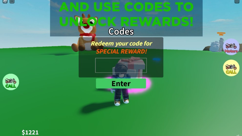 The code redemption screen in Motorcycle Around Nothing on Roblox.