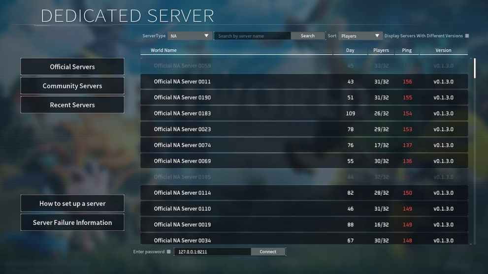 Dedicated server page in Palworld.