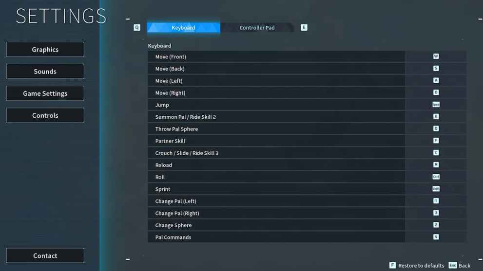 Default keyboards controls in Palworld.