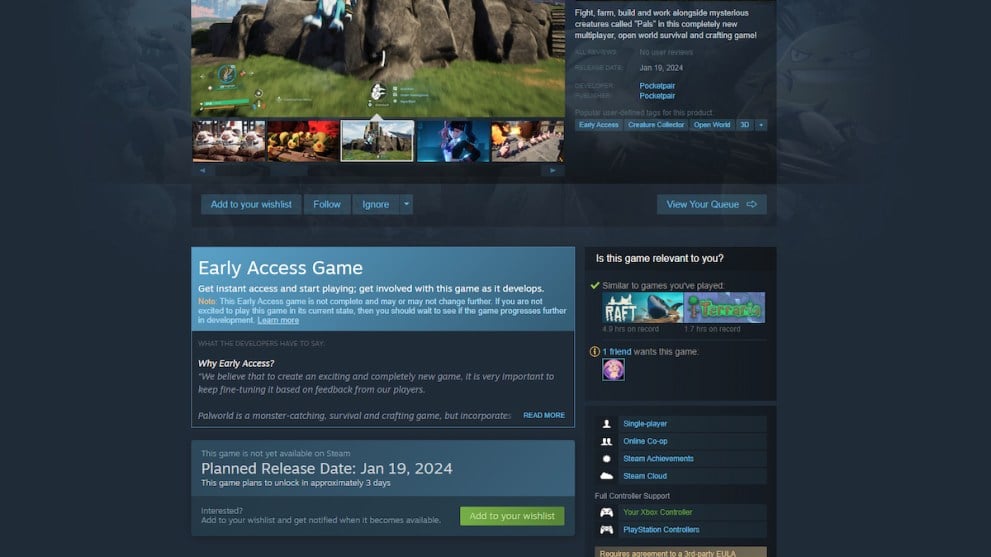 The Palworld early access page on Steam.