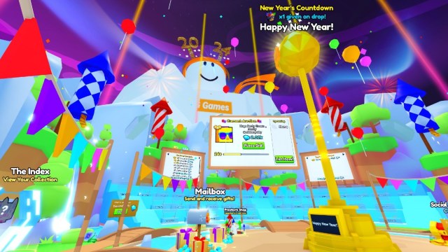 A packed New Year's lobby in Pet Simulator 99.