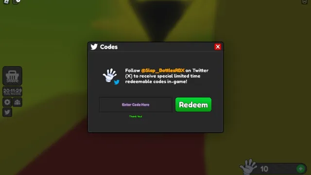The code redemption box in Slap Battles on Roblox.