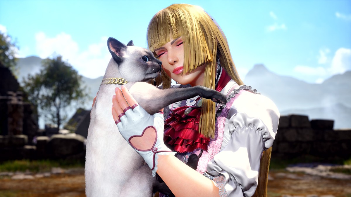 A character holding a cat in Tekken 8.