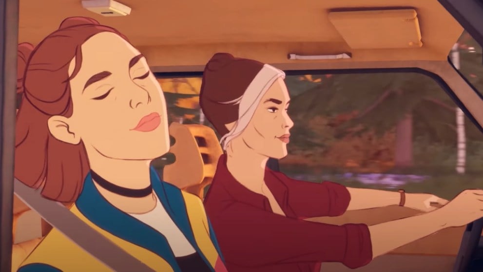 The mother and daughter characters in Open Roads ride in the car together with the windows open. The wind blows their hair backwards, and they seem relaxed.