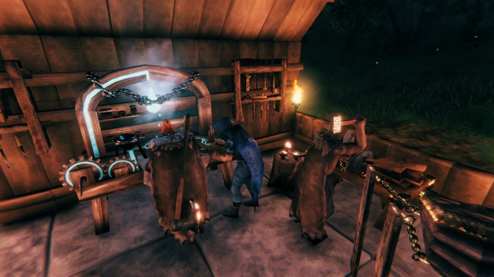 Three Valheim characters at a blacksmith crafting items.