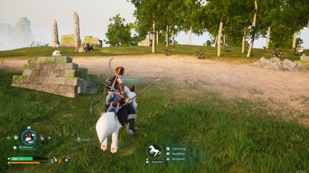 The player character riding a Direhowl in Palworld.