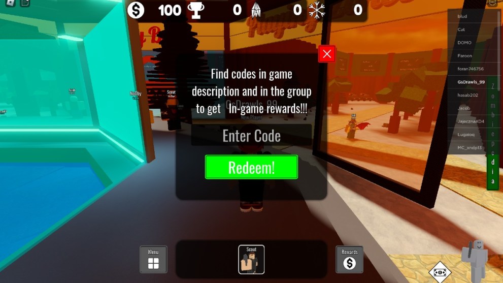 The code redemption screen in Zombie Invasion Tower Defense.
