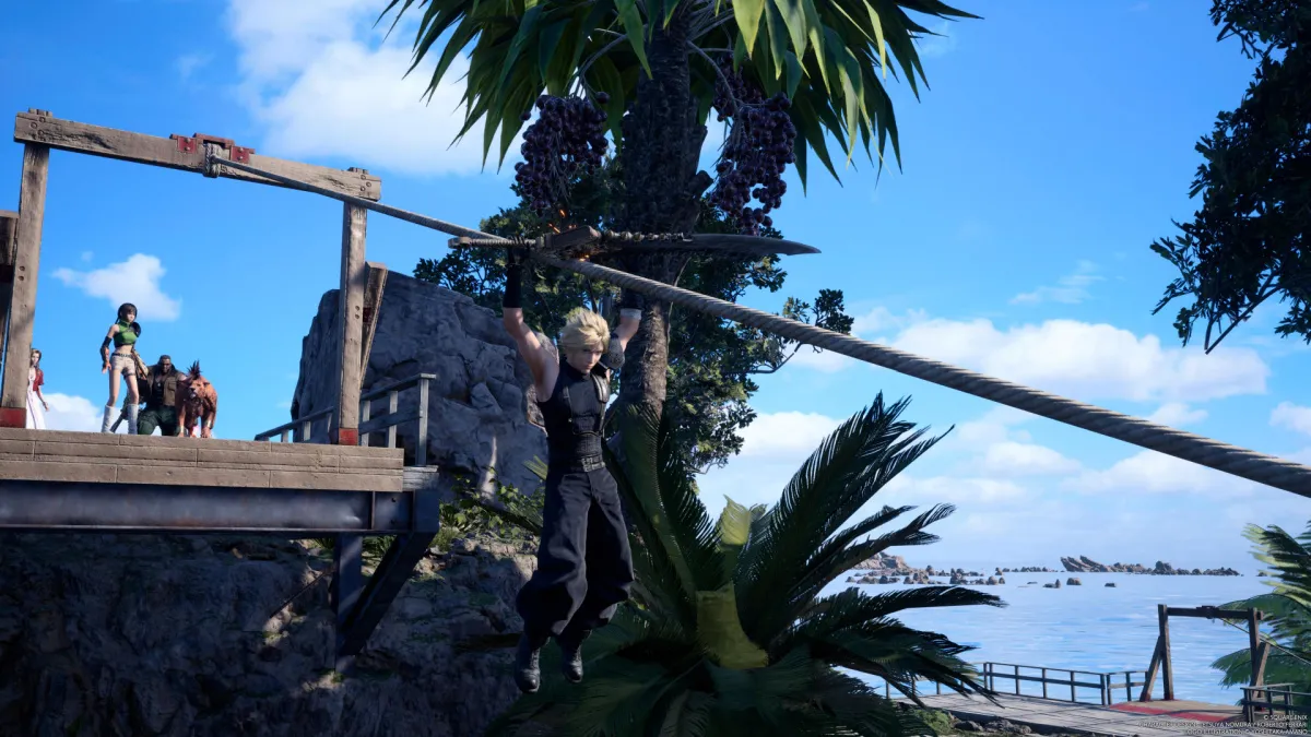 Cloud Sliding Down Zipline in Costa Del Sol After Collecting Refurbished Materials in FF7 Rebirth