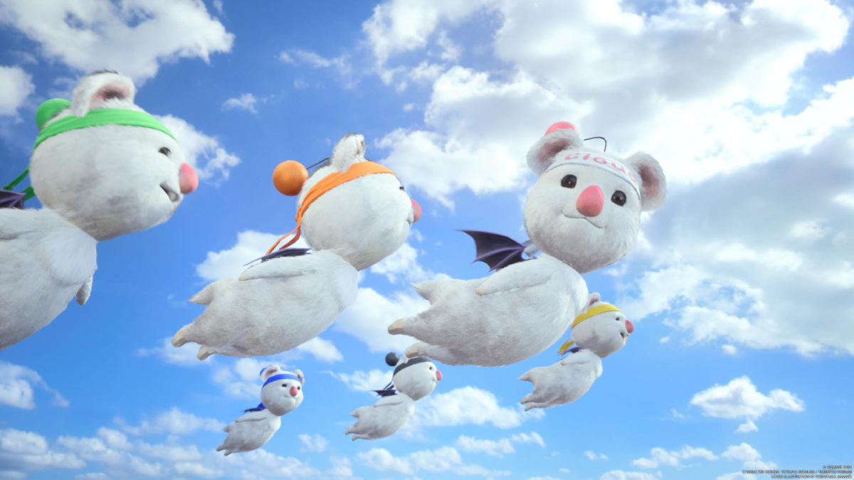 Group of Moogles Flying Through the Sky in FF7 Rebirth
