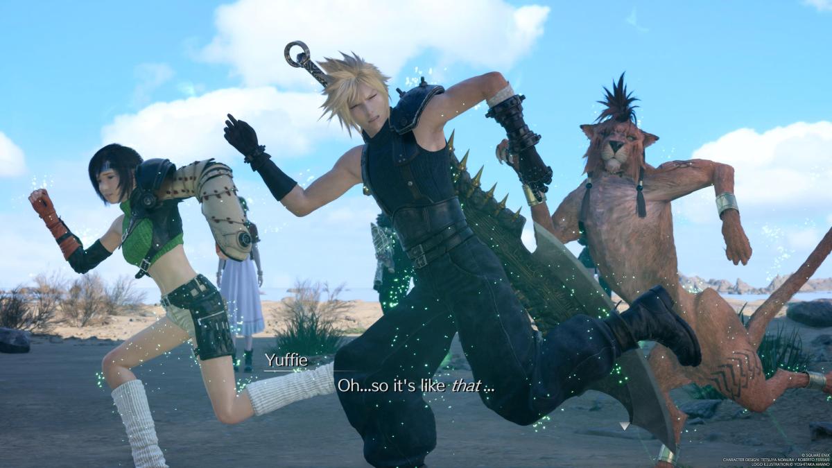 Cloud, Yuffie, and Red XIII Posing Next to Cactuar Rock in FF7 Rebirth