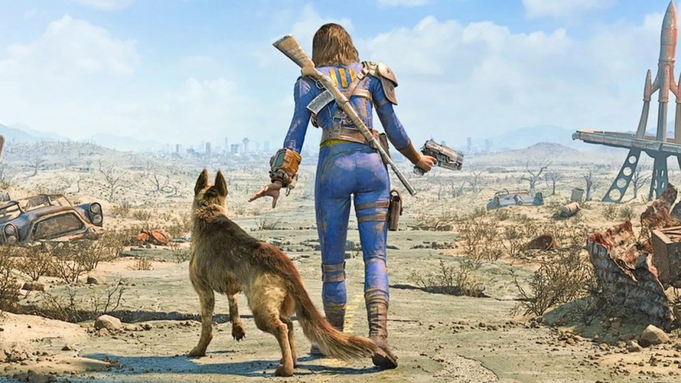 Promotional image for the Fallout series of video games. An armoured former dweller of underground vault 111 cautiously steps down an abandoned road while holding a pistol in her right hand and signalling to her pet dog to stay with her left. 