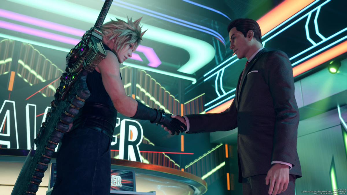 Cloud Shaking Shinra Middle Manager's Hand During Final Fantasy VII Rebirth Quest