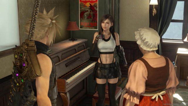 Tifa Agreeing to Play Piano for Fluffy During One of Final Fantasy VII Rebirth's Quests