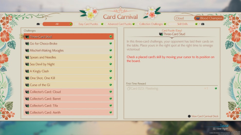 View of Card Carnival Puzzles Menu in Final Fantasy VII