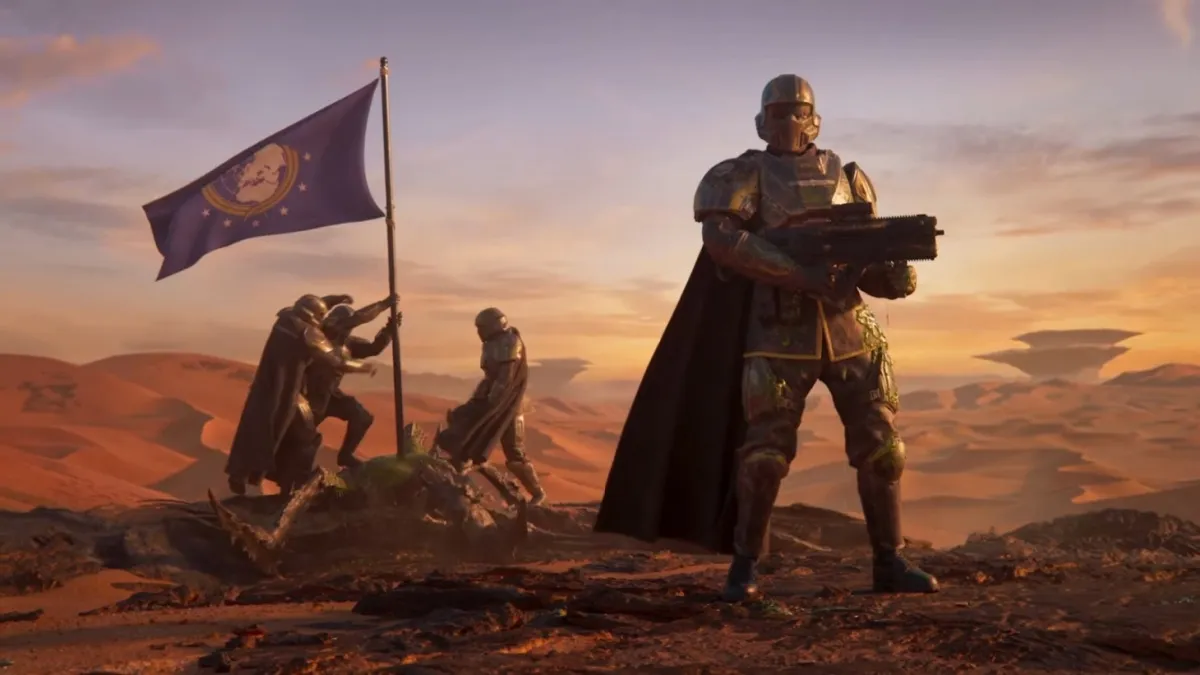 Soldier in Foreground While Other Soldiers Raise Flag in Helldivers 2
