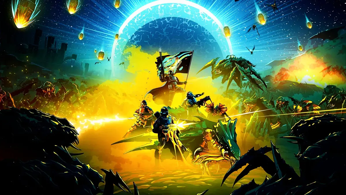 Helldivers 2 Key Art of Soldiers Fighting Off Wave of Terminids