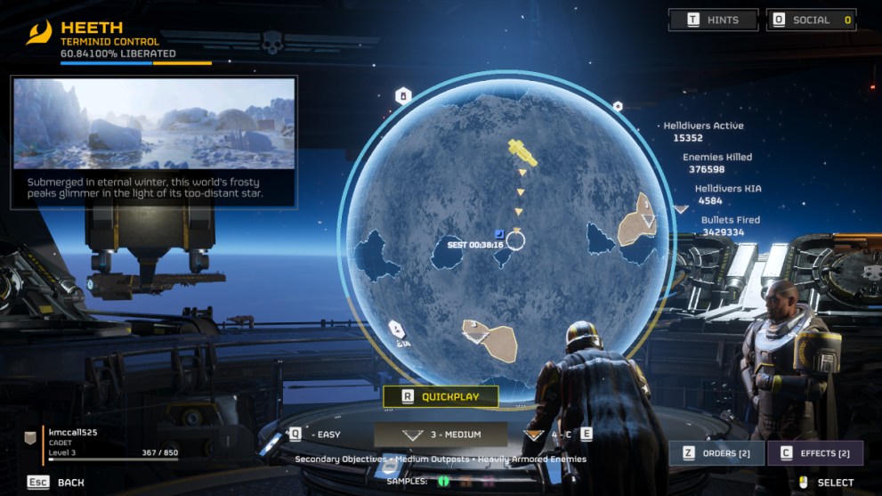 Player Looking at Planetary Map With Helldivers 2 Difficulty Levels at Bottom of screen