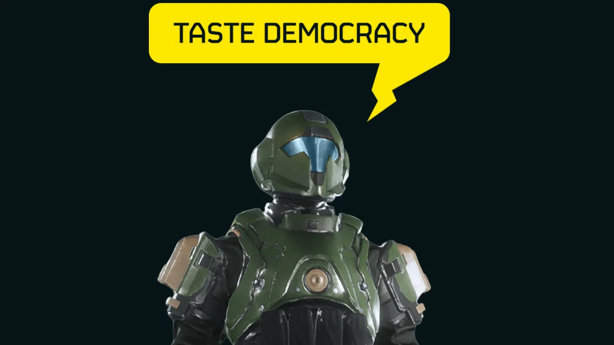 Soldier Saying Taste Democracy in Helldivers 2