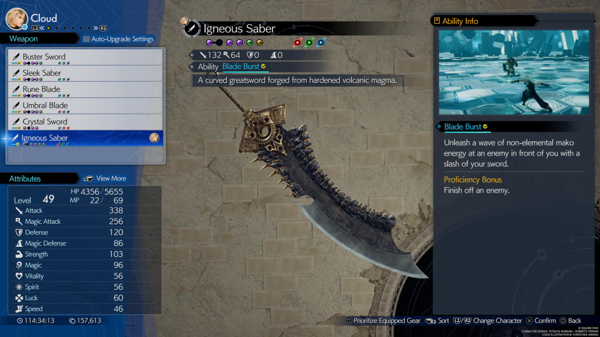 View of FF7 Rebirth Weapon Igneous Saber From Main Menu