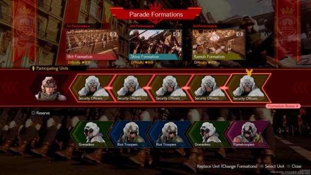 View of Seventh Infantry Formation Bonuses Before Parade Minigame in FF7 Rebirth