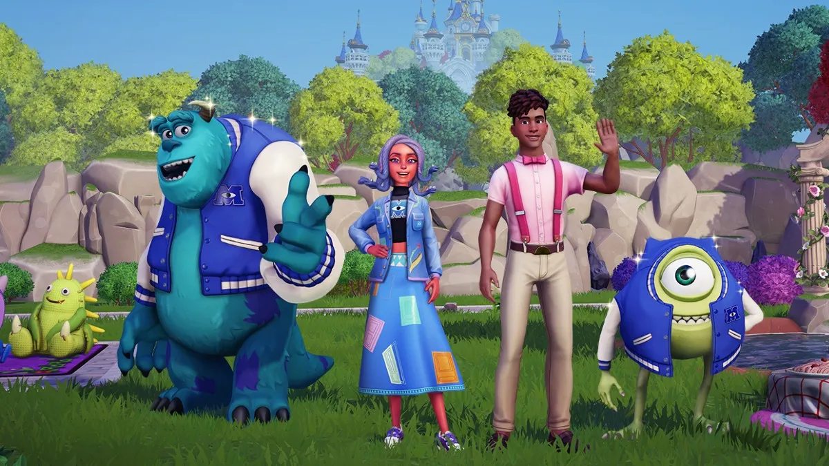 Mike, Sulley, and two user characters in Disney Dreamlight Valley