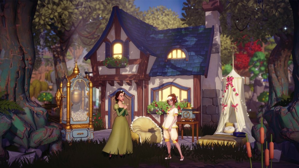 Two characters in front  of a house in Disney Dreamlight Valley.