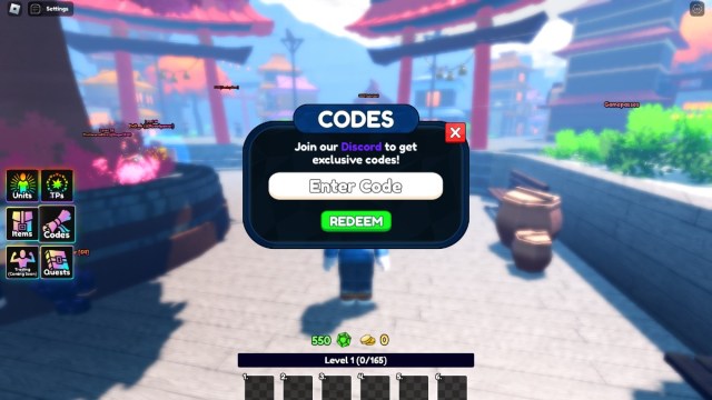 The code redemption box in Anime Last Stand on Roblox.