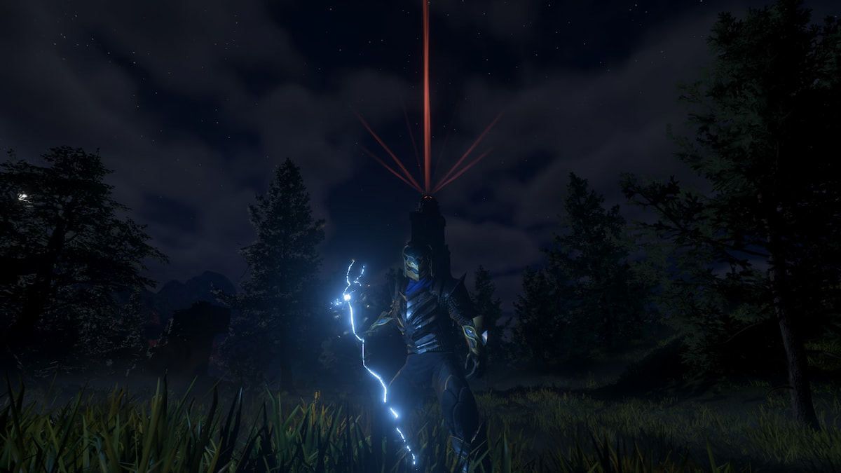 Player in Enshrouded posing with the Ritual Tempest Wand equipped