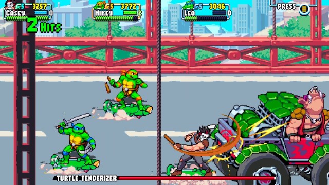 The turtles fighting Rocksteady in Teenage Mutant Ninja Turtles: Shredder's Revenge.