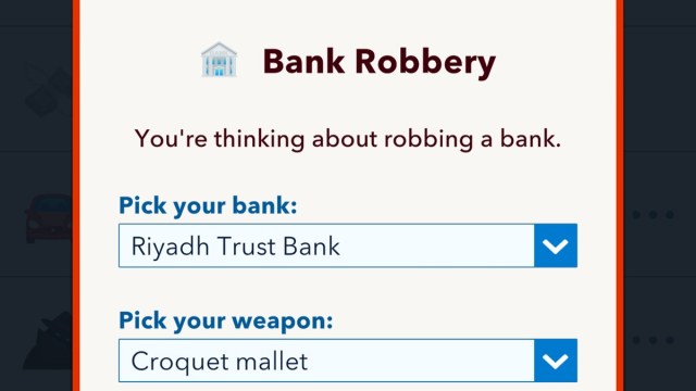 The bank robbery planning screen in BitLife.
