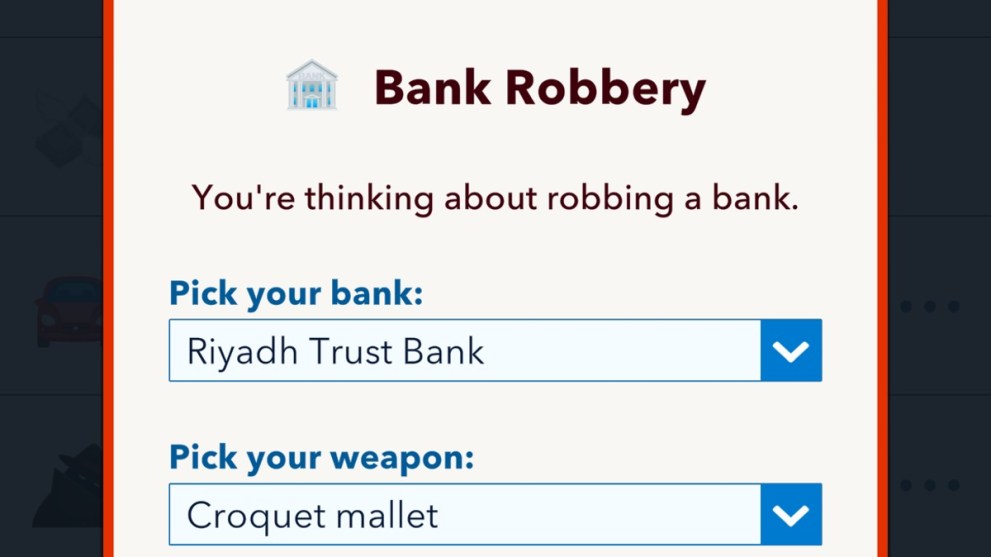 The bank robbery planning screen in BitLife.