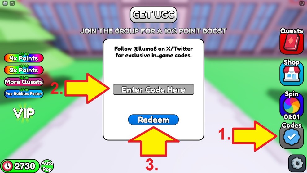 code redemption window in pop bubbles for ugc