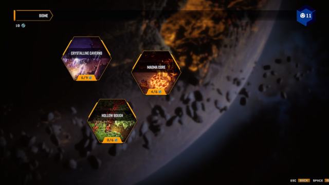 Biome selection menu in Deep Rock Galactic Survivor