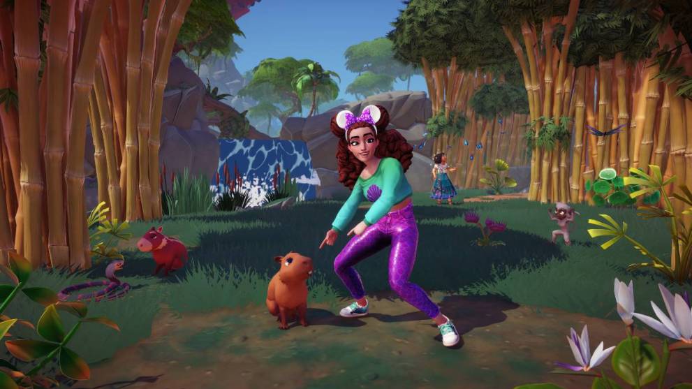 A player character and a capybara in Disney Dreamlight Valley.