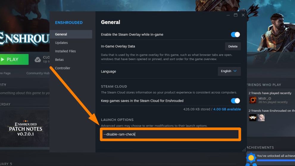 Launch options to fix the Not Enough System Memory error in Enshrouded
