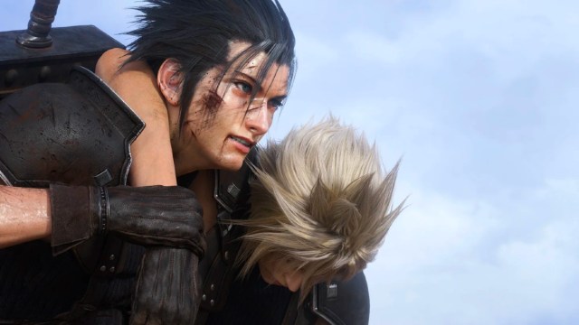 Zack carrying Cloud after a battle in Final Fantasy 7 Rebirth.